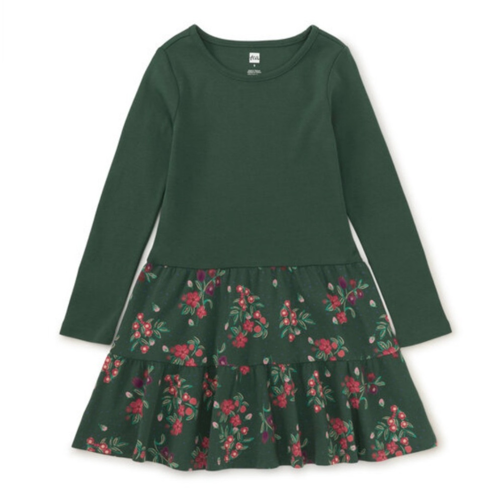 Tea Collection Girls Size 4 Long Sleeve Tiered Dress – Forest Green Floral, EUC